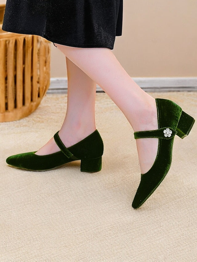Jane Block Velvet Mary Green Square Women's - Toe Pumps