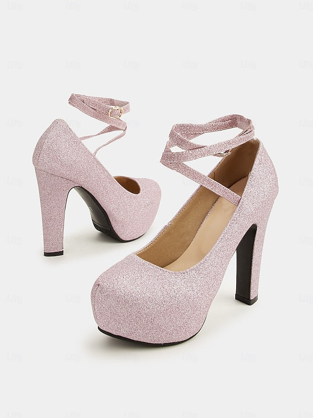 with Ankle Pink – Women's Strap Glitter Platform Heels