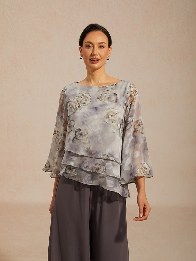 Women's Sheer Blouse Chiffon Tops Lace up Floral Elegant