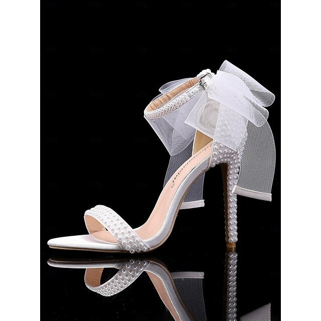 Wedding and White Embellished Bow with Pearl Women's Heels