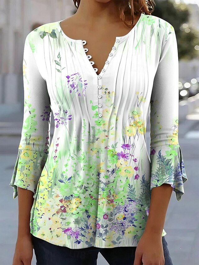 Women's T-Shirt  Floral Graphic Elegant 3/4 Length Sleeve V
