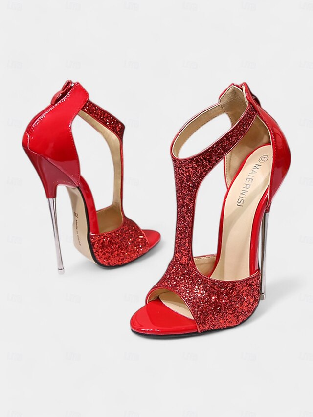 with and Stiletto Design Heels Open for Glitter T-Strap Gold Toe