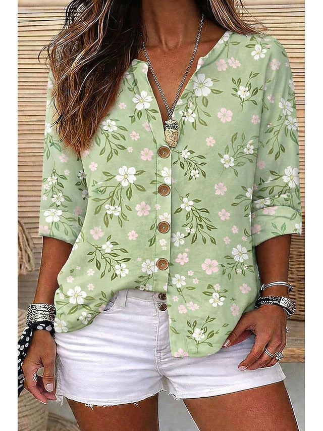 Women's Shirt Tunic Summer Tops Buttons Floral Graphic
