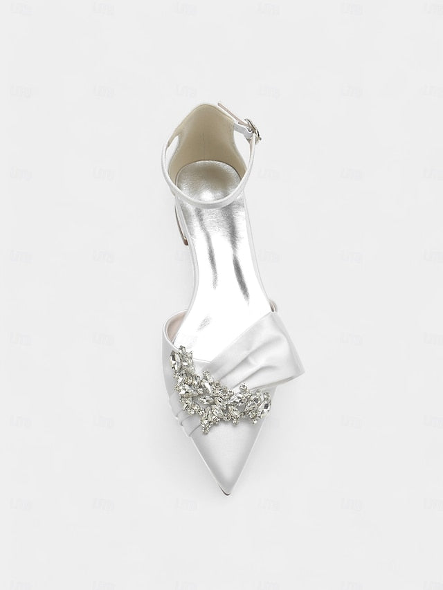 Bow Heels and Pointed-Toe Ankle with Rhinestone White Satin