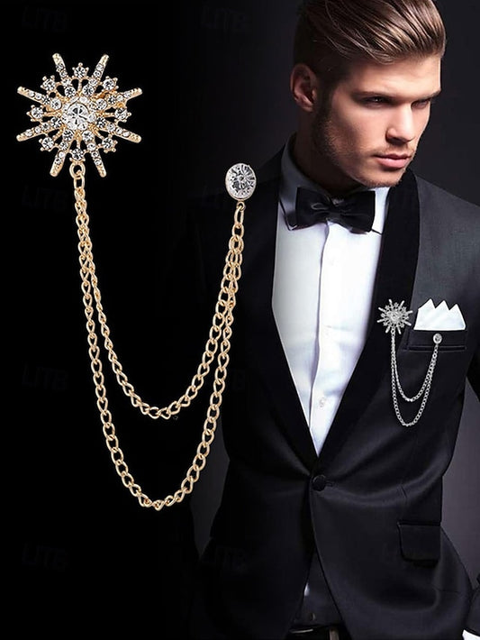 Elegant with Stylish Pin Crystal Chains Gold Lapel Star –