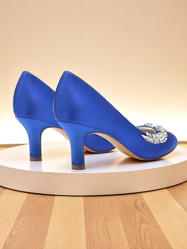 Heel Kitten Low Toe Women's Heels Satin Round - Silver