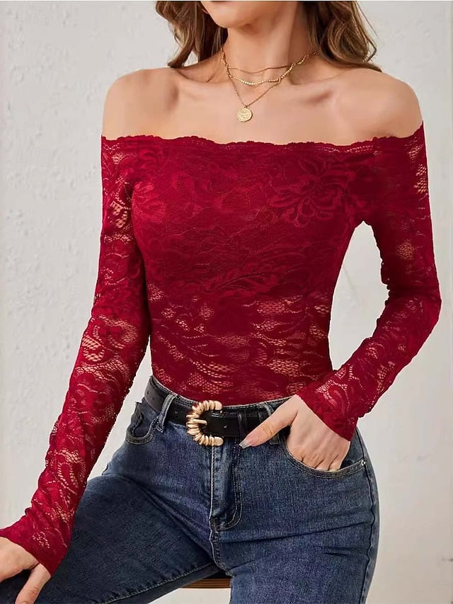 Women's Blouse Lace Casual Long Sleeve Off Shoulder Regular