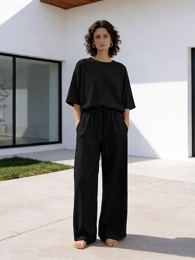 15% Linen Women's Pants Sets Linen Sets Basic Pure Color