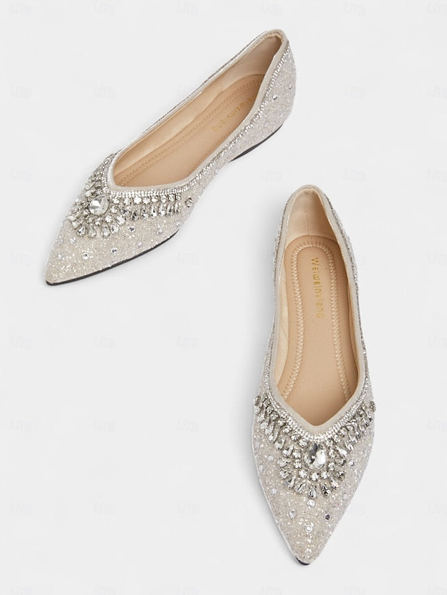 Silver Glitter Toe Pointed Flats with Crystal Women's