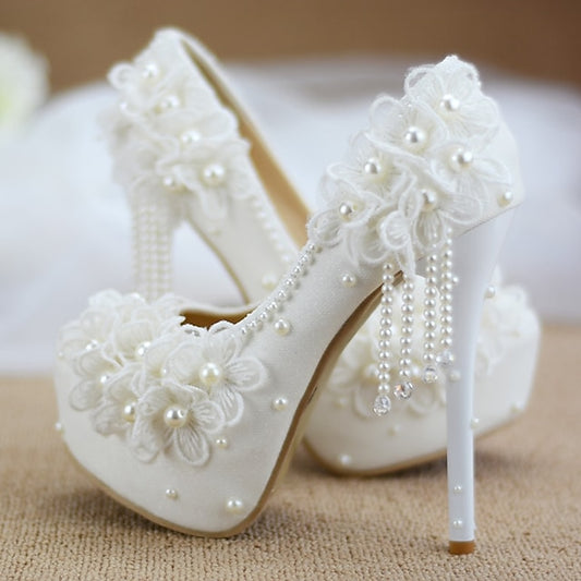 with Women's Platform Heels Floral Lace Wedding White