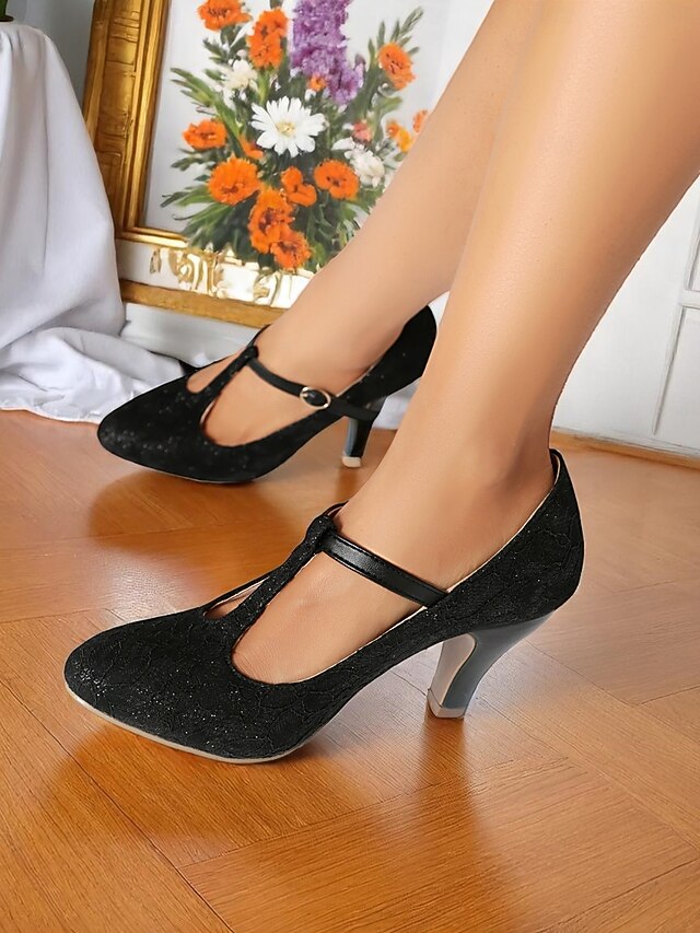 Women's Pumps-1920s T-Strap Mid Ivory Heel Vintage Lace