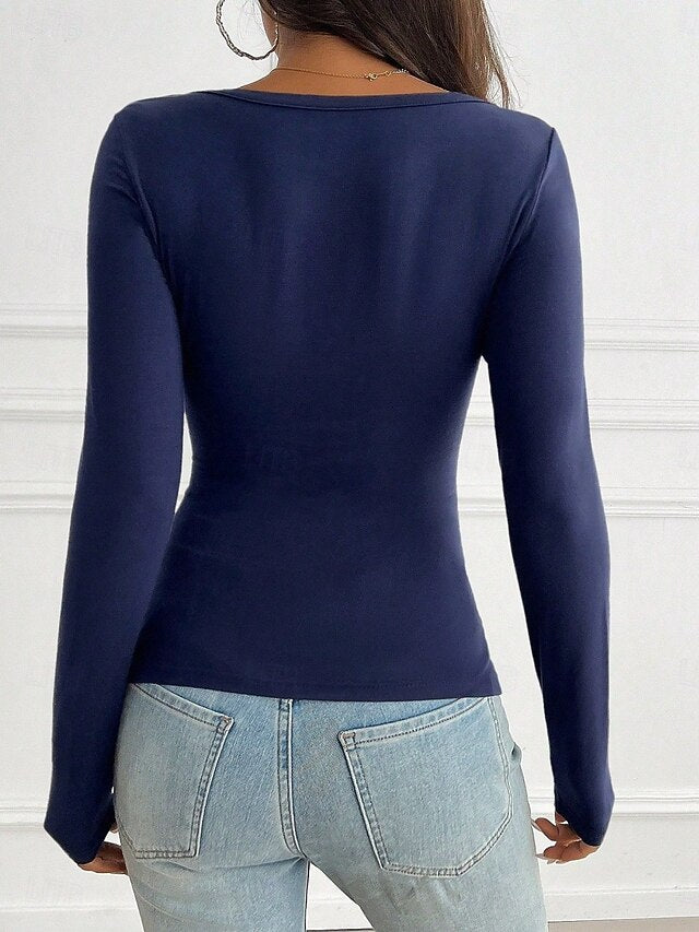 Women's T Shirt Long Cotton Top Tee Top Buttons Plain