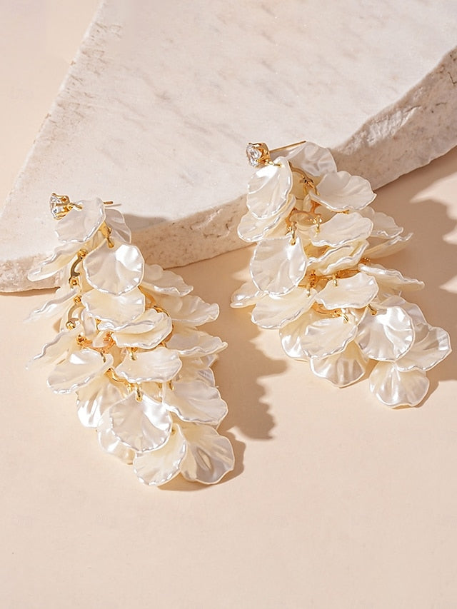 Satin Layered Earrings Petal Drop Elegant Floral Women's -