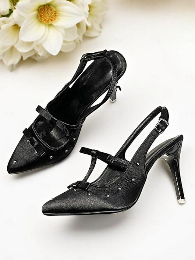 T-Strap Heels Satin Bows Women's – Purple with and Studs