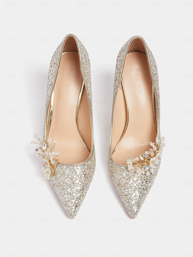 with Silver Heels Women's Stiletto Floral Glitter