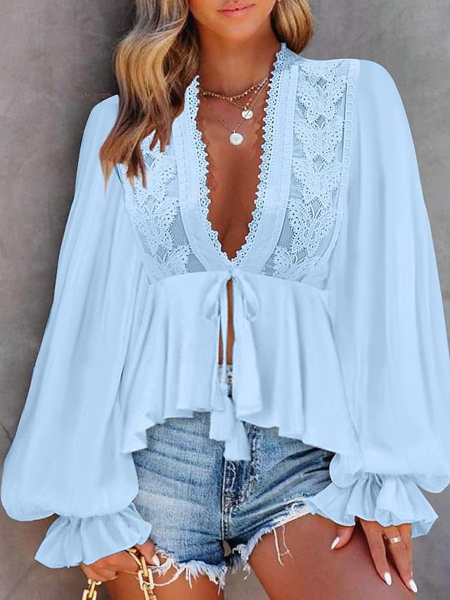 Women's Shirt Boho Shirt Blouse Lace Plain Fashion V Neck
