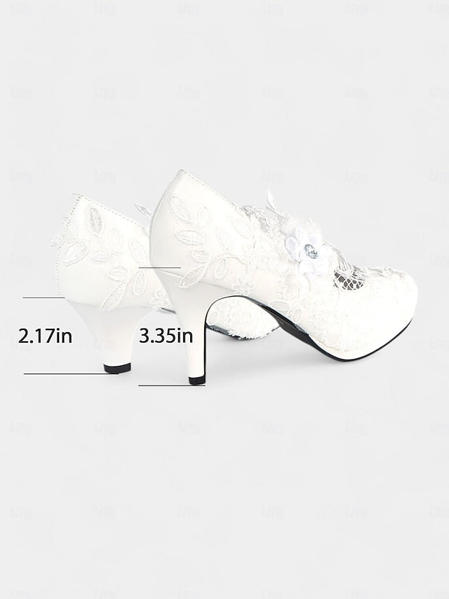 Bridal Shoes – High with Floral Lace Heel Embellishments White