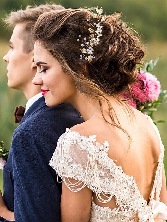 Silver Faux Accessory Bridal Leaf with Hair Gold Pearls and Set