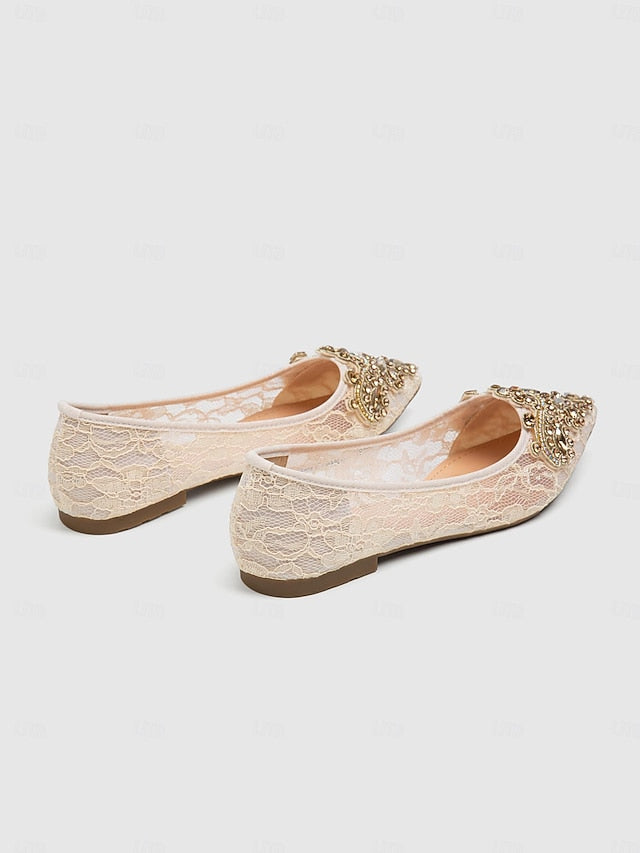 Women's Lace Ballet Ornate Flats Elegant with Beige