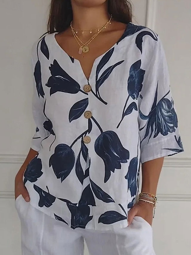 Women's Shirt Button Up Blouse Faux Cotton Linen Graphic