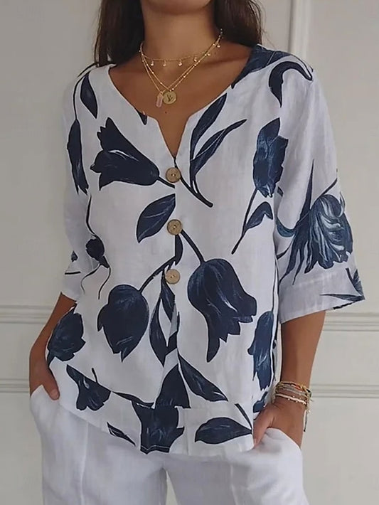 Women's Shirt Button Up Blouse Faux Cotton Linen Graphic