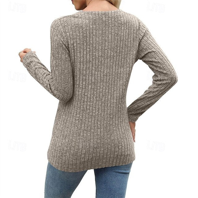 Women's T Shirt Tee Top Buttons Solid Color Stylish Classic