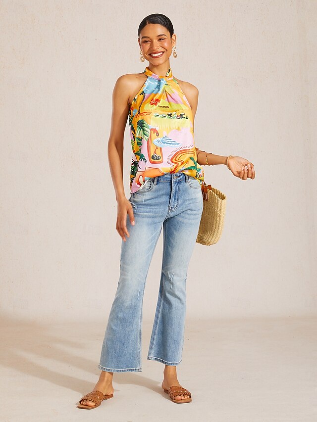 Summer Escape Silky Satin Floral Halter Top