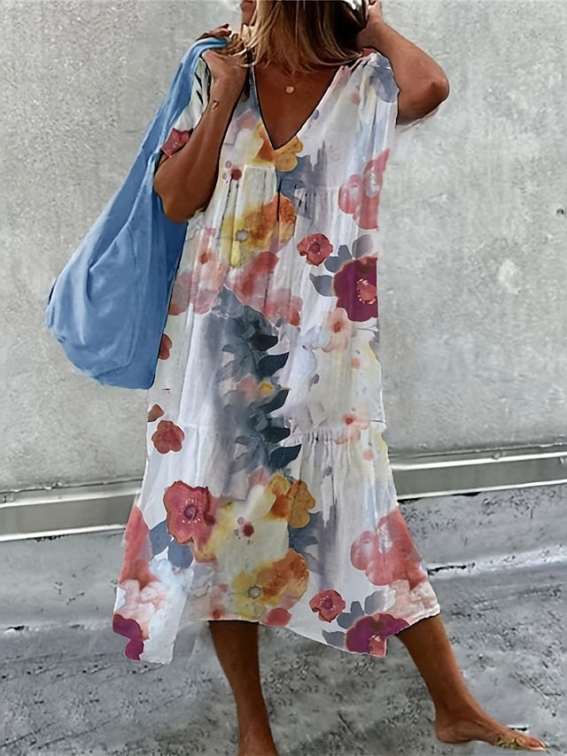 Women's Midi Dress Faux Cotton Linen Jumper Dress Long