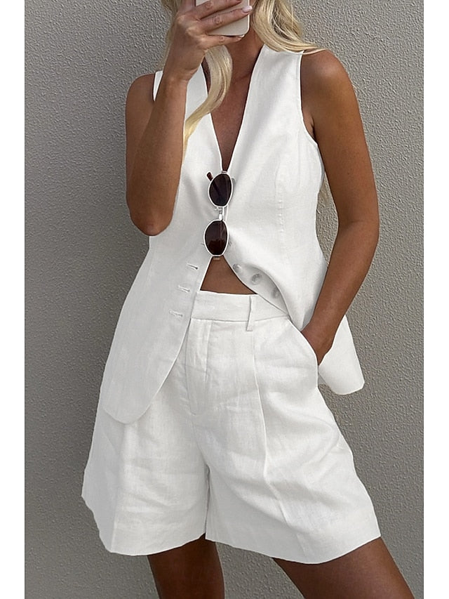 Women's Blouse Shorts Sets Sleeveless V Neck Solid Color