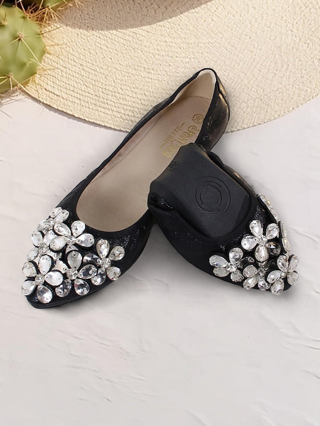 Foldable Women's Flats with Rhinestone Silver