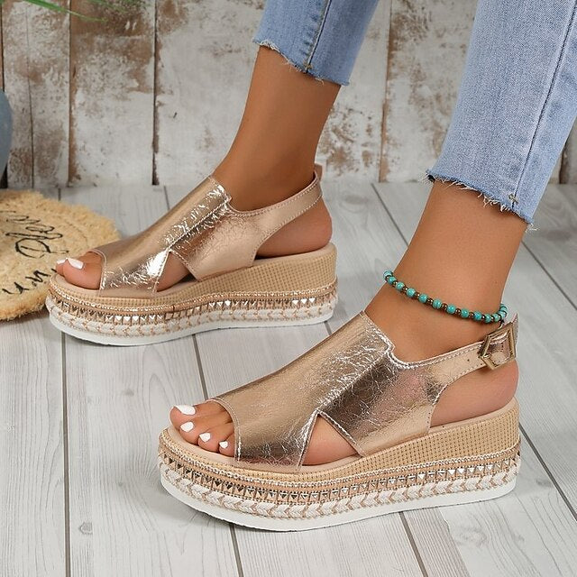 Leather Metallic Gold Espadrille Faux Platform Women's