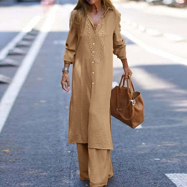 Women's Blouse Pants Sets Long Sleeve Shirt Collar Solid