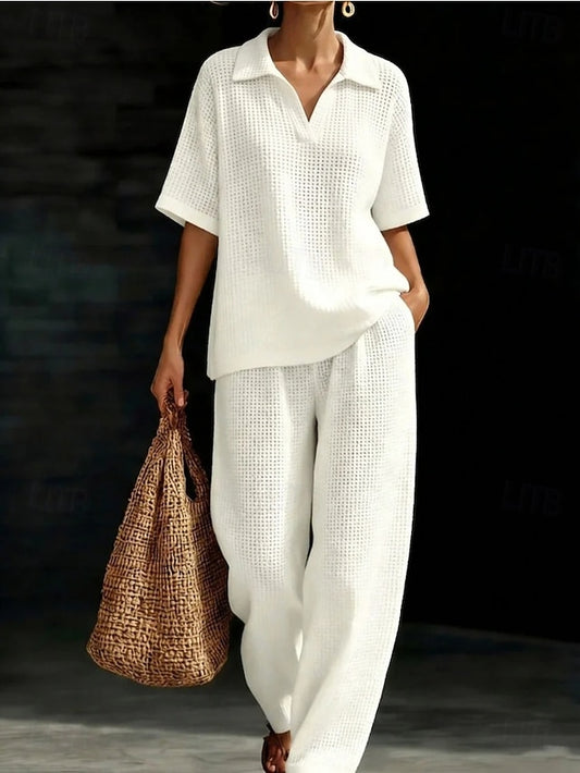 Women's Pants Sets Short Sleeve Shirt Collar Solid Color