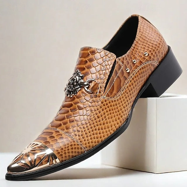 Brown with Leather Snake Pattern Slip-On Men's Metal Shoes
