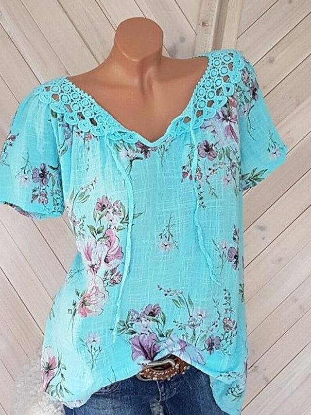 Women's White Elegant Lace Tops Eyelet Blouse Basic Floral