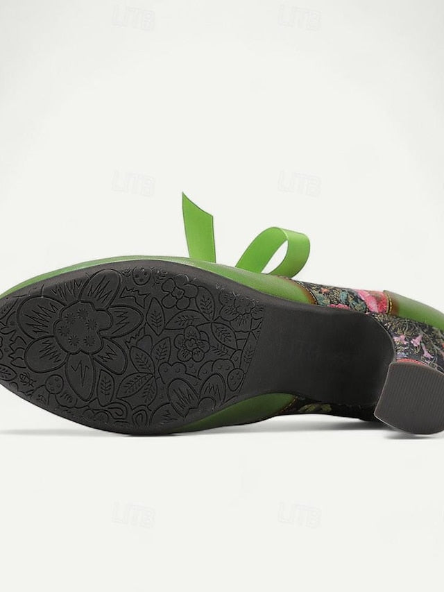 Mary Floral Heels Green Women's with Jane Leather Print