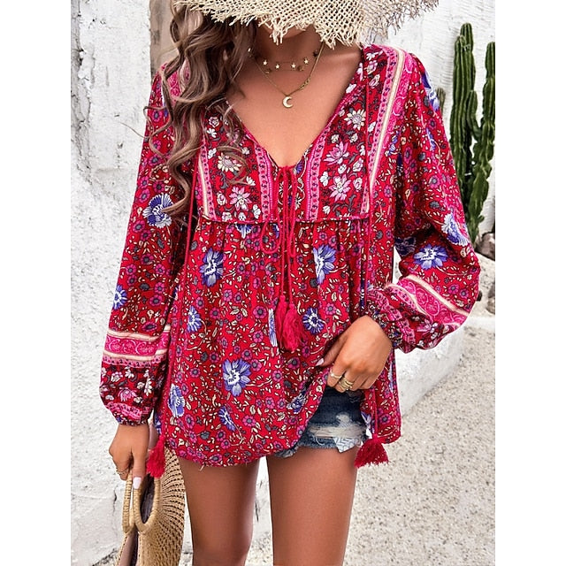 Women's Shirt Blouse Lace up Print Floral Bohemia Ethnic
