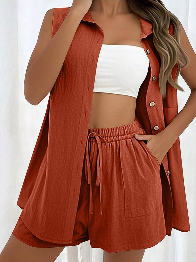 Women's Shorts Sets Sleeveless Shirt Collar Plain Ruched