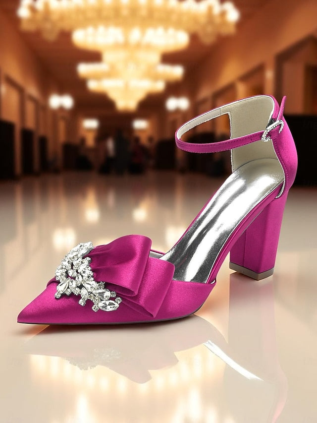 Heel with Satin Women's and Bow Block Crystal Pumps