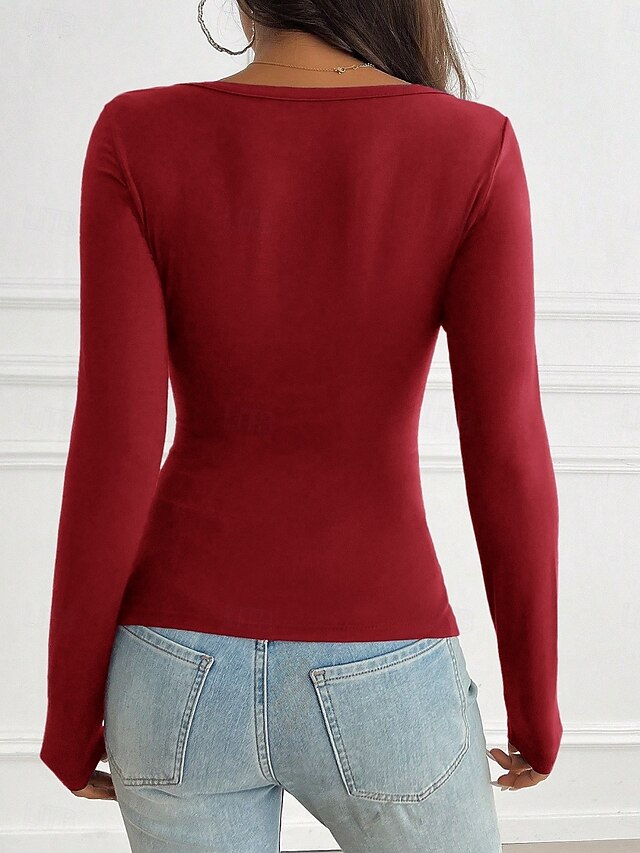Women's T Shirt Long Cotton Top Tee Top Buttons Plain