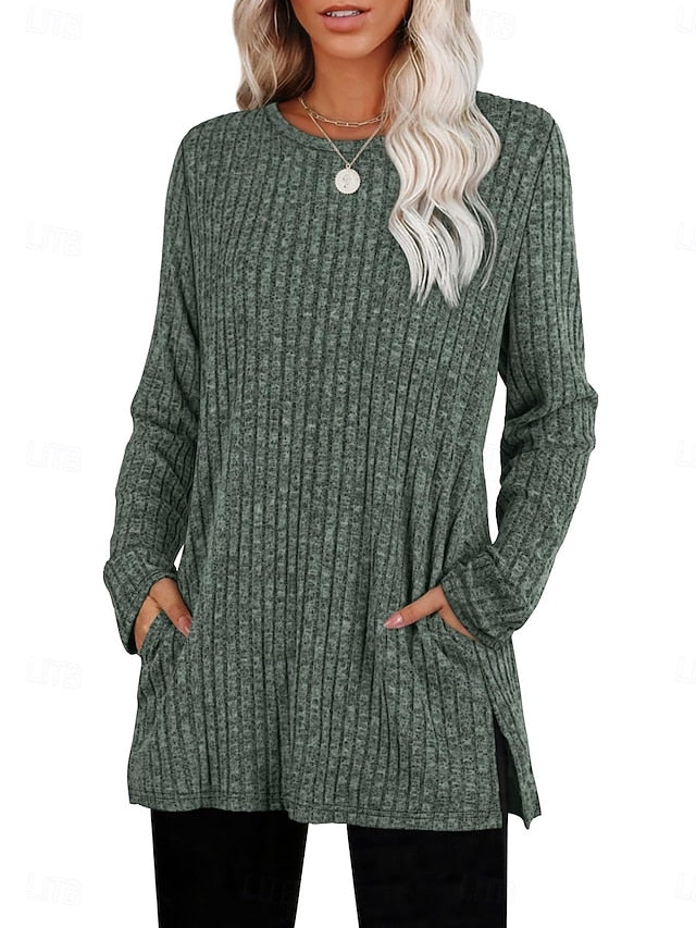 Women's Blouse Long Sleeve Tops Pocket Plain Stylish