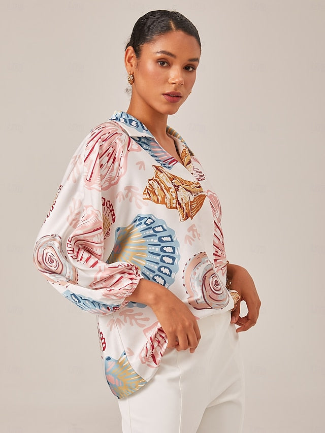 Shell Print Relaxed Fit Overhead V-Neck Blouse