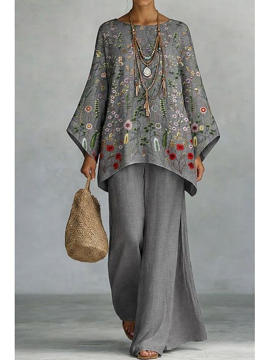 Women's Pants Sets Long Sleeve Round Neck Floral Graphic