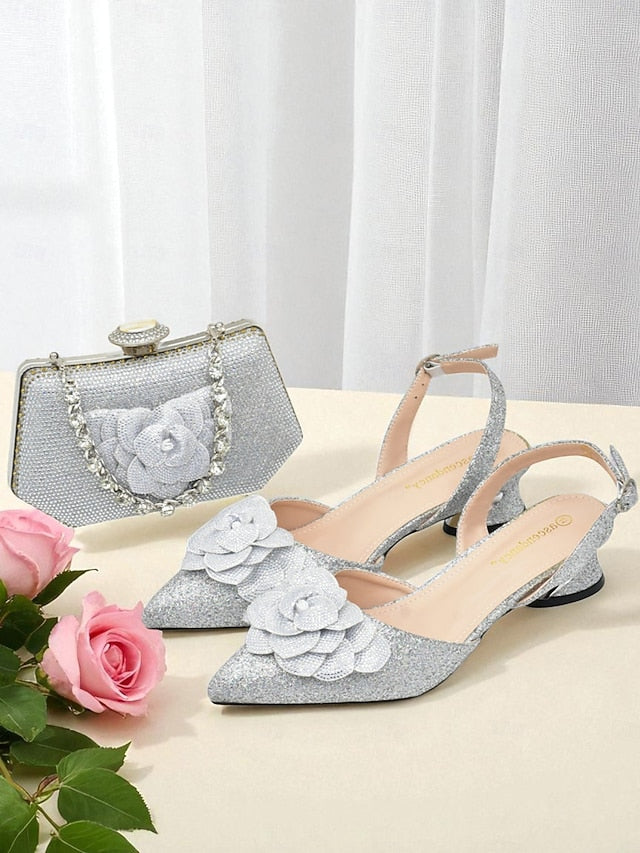Evening Glitter Heels Clutch Matching and Slingback Women's