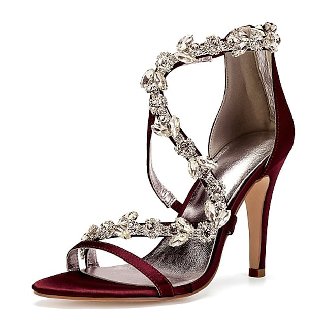 with Heel Pink High Rhinestone Sandals Women's Floral Satin