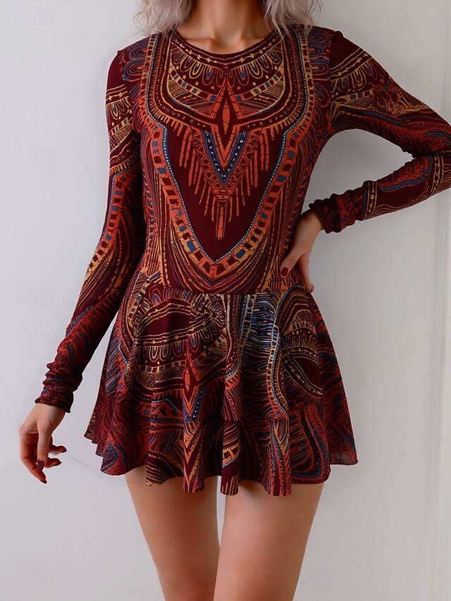 Women's One Piece Swimsuit with Skirt Boho Dress Tummy