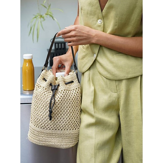 - Drawstring Summer Bucket Bag Woven Women’s Stylish with Tote