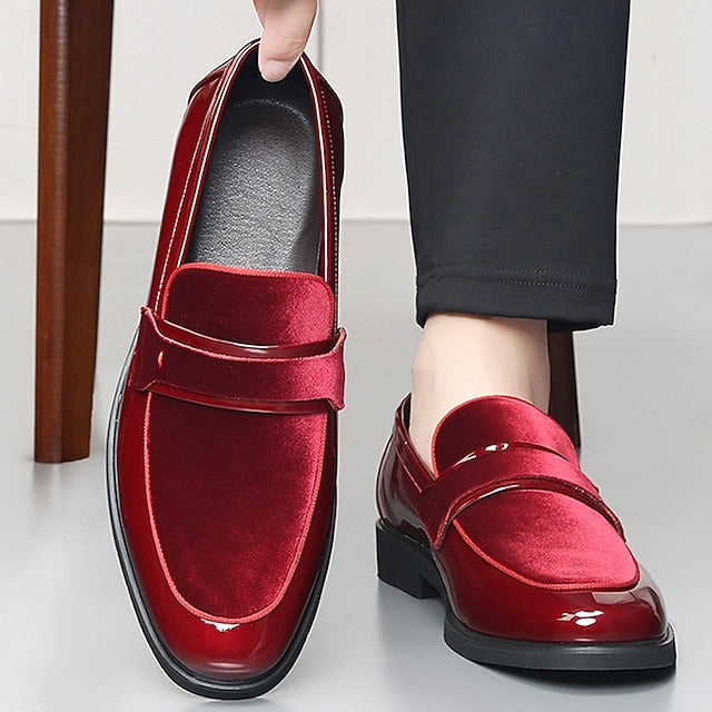 Red Men's Faux Design Loafers Leather Sleek Velvet – with