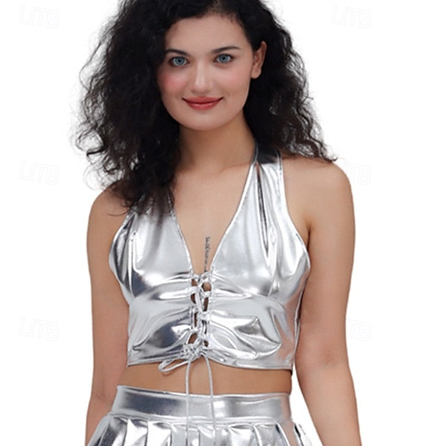 Retro Vintage 1980s Crop Top Disco Halter Shiny Latex Patent
