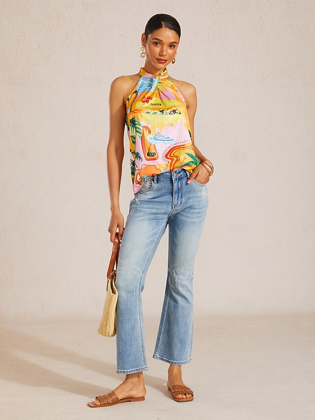 Summer Escape Silky Satin Floral Halter Top